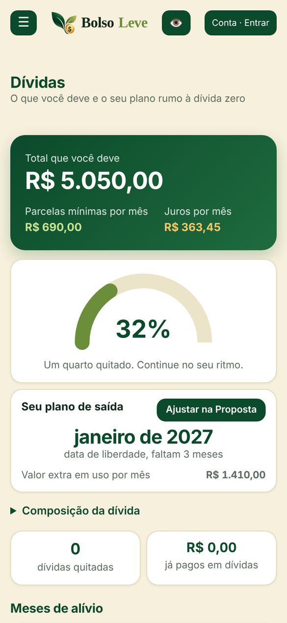 Tela de dívidas do Bolso Leve com total devido e data prevista de quitação